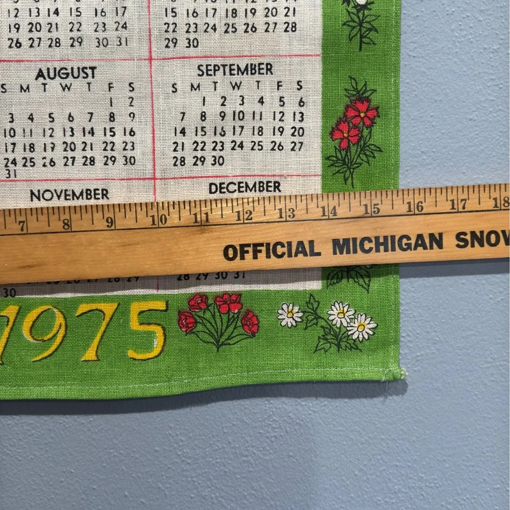Vtg 1975 Linen Calendar Tea Towel Wall Hanging Green Folk Art Bless This House